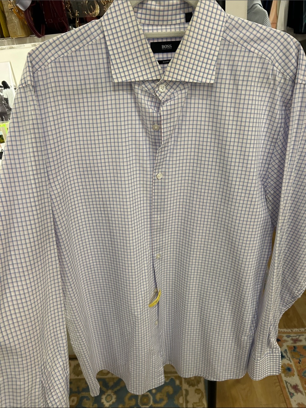 BOSS White Button-Front Dress Shirt with Blue Windowpane Check 17 34/35